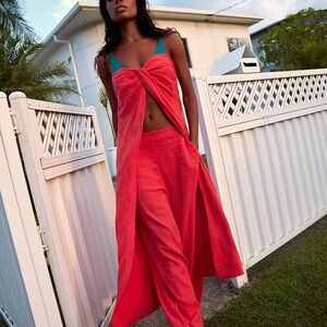 Women’s Coral Red Wide-Leg Pants & Draped Top Free People set